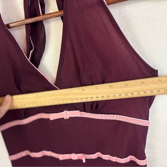 VINTAGE Y2K Halter Dress Baby Doll Coachella Boho Maroon Midi Velvet High‎ Low - Picture 13 of 14